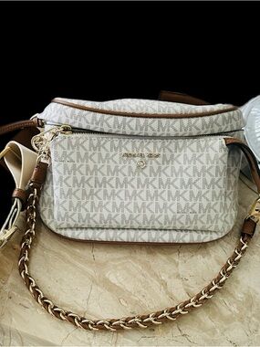 Michael Kors Cream White Logo-Print Crossbody with Tan Trim
